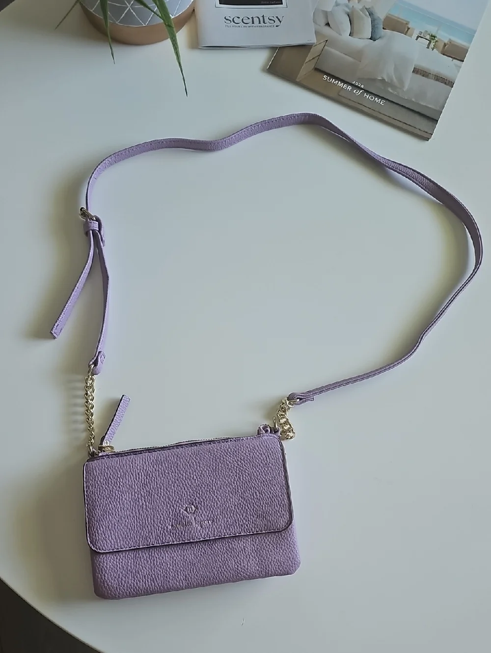 Nanette Lapore lilac leather crossbody wallet with gold hardware